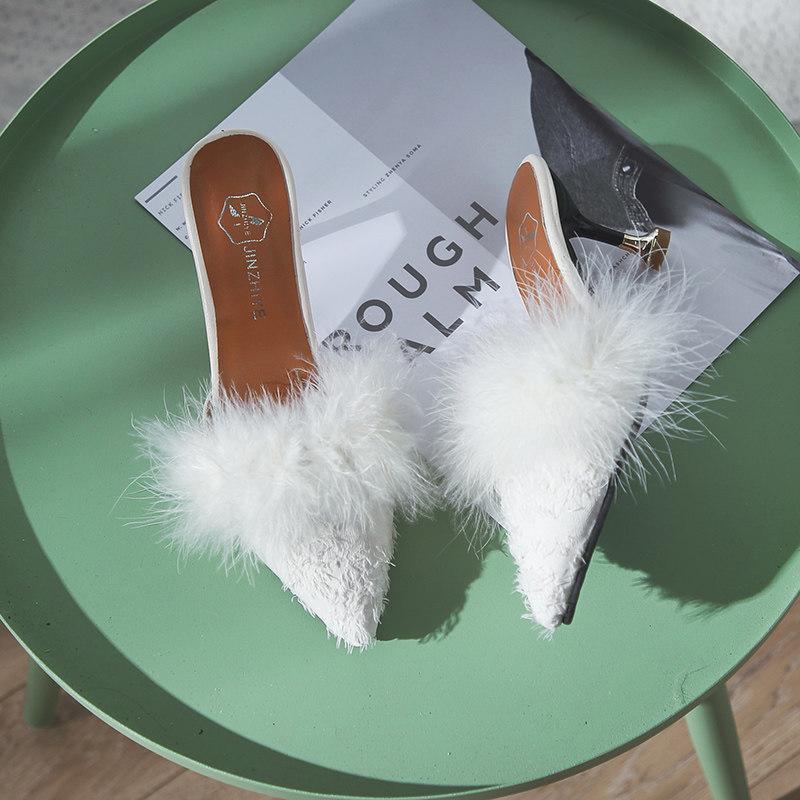 Fur Trim Pointed Toe Kitten Heels