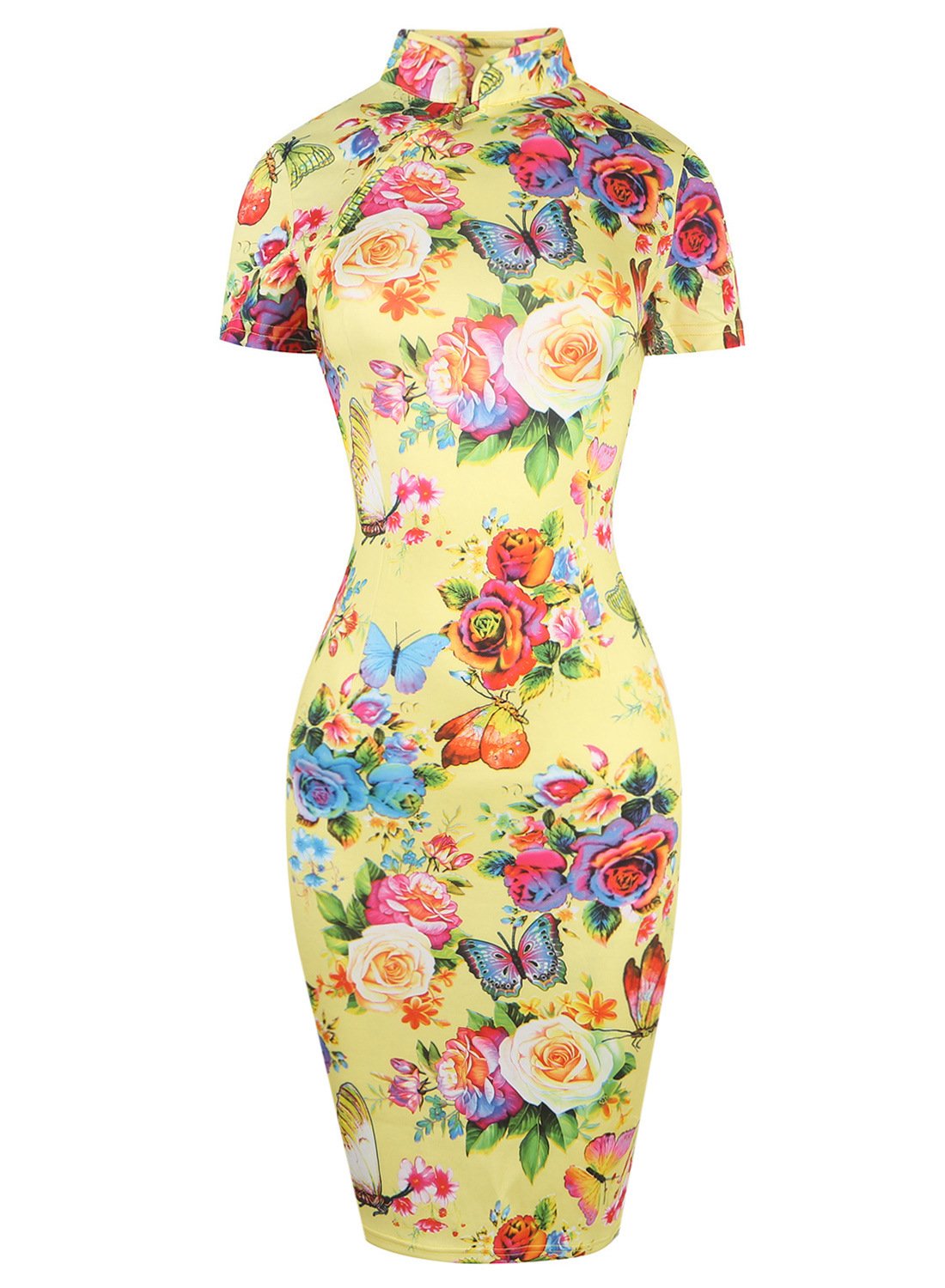 Vestido cheongsam floral con cuello mandarín