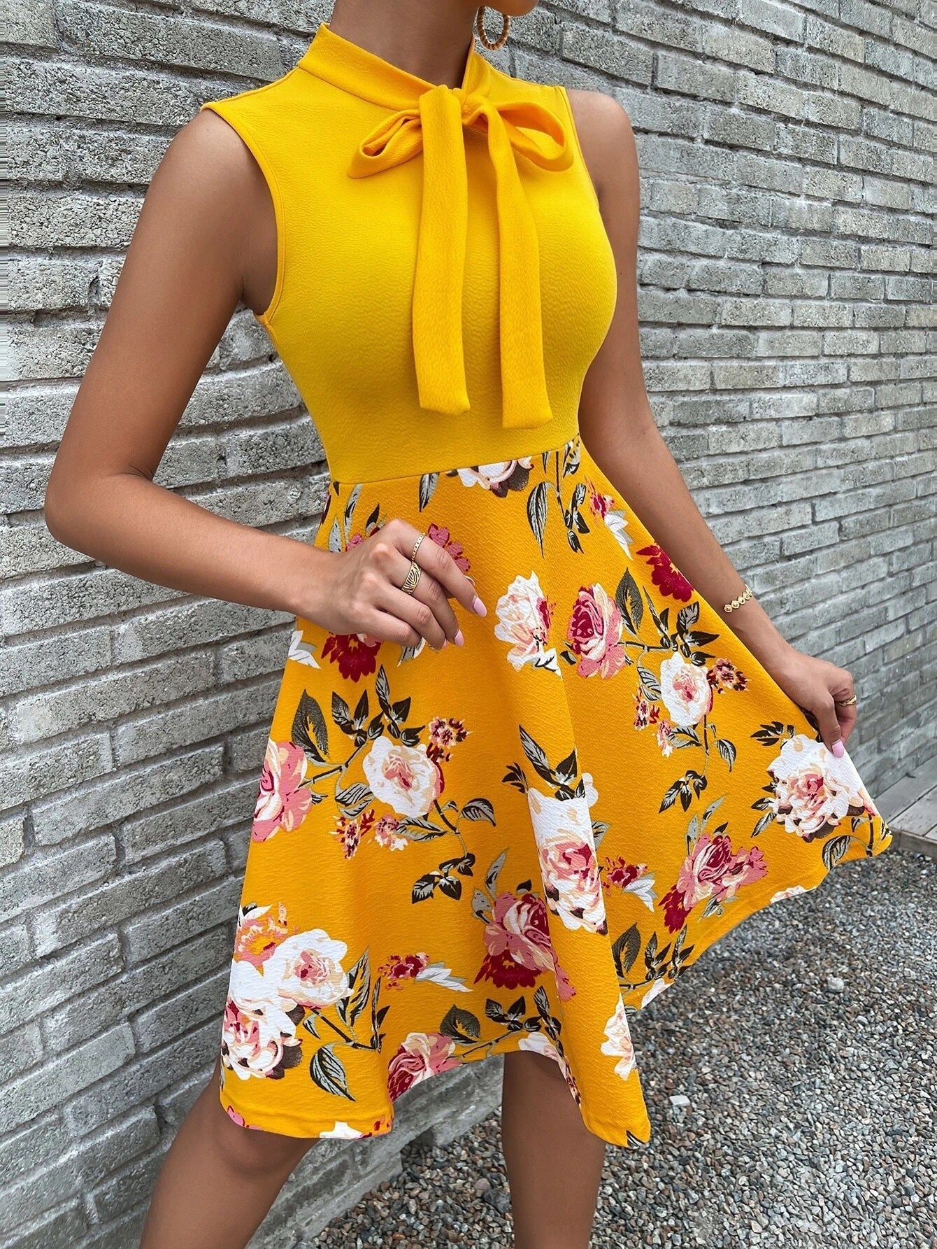 A-Line Sleeveless Floral Dress with Bow Collar - THEONE APPAREL