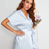 Blue and White Vertical Stripe Wrap Pajama Dress - THEONE APPAREL
