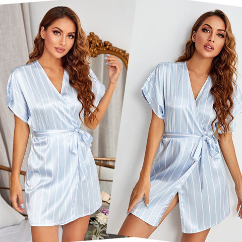 Blue and White Vertical Stripe Wrap Pajama Dress - THEONE APPAREL