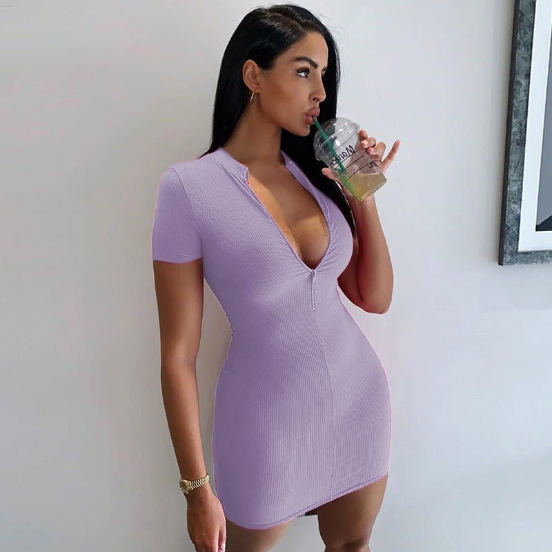 Body Con Short Sleeve Zip Up Mini Dress - THEONE APPAREL