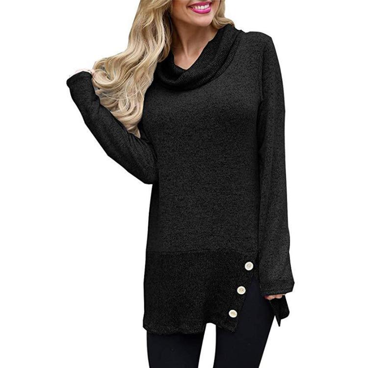 Button-Accent Side-Slit Cowl-Neck Tunic Sweater - THEONE APPAREL