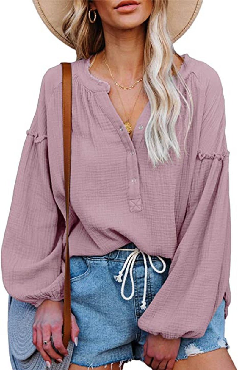 Button Up V-Neck Long Loose Sleeved Top - THEONE APPAREL